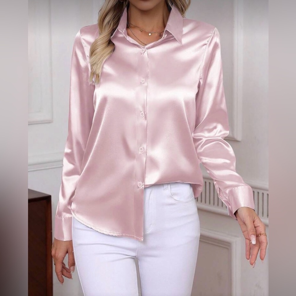 Elegant Plus Size Office Work Pink Satin Top Blouse Button Down Up Shirt Pink